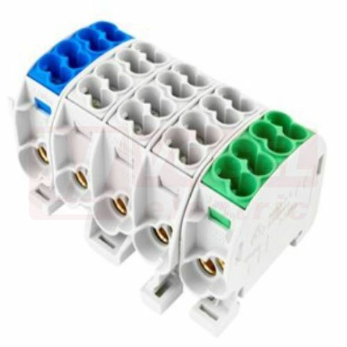 HLAK 25//5 C PE3LN, 152A, 1000V AC/DC svorkovnice rozbočovací, 5pól., CU, 1x modrá+3x šedá+1x zelená, na DIN, vstup 10x 2,5-25mm2, výstup 10x 2,5-16mm2, IP20