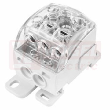 PDB 220 blok pro rozdělení fází, 1pólový, pro CU vodiče, jm.proud 210A, jm. nap. 1000V AC/DC, šedá / průhledné víko, montáž na DIN lištu / PANEL, krytí IP20, vstup 1x10-70mm2 a 15,5x5mm plochý vodič, výstup 2x2,5-25mm2, 3x1,5-16mm2 (1003950)