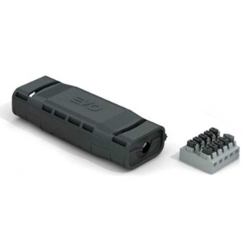 EVO 04 Spojka gelová, s bezšroubovou svorkou 5x (2,5 - 6mm2), pro průměr kabelu 14-22mm, pro Cu/Al, jmenovité napětí 0,6kV/1kV, přímé spojení, rozměry: 183x70x42mm. (1005634)