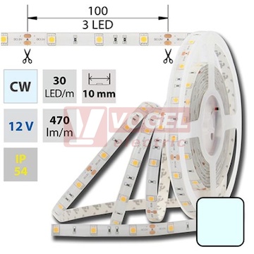 LED pásek SMD5050 studená bílá, DC12V, IP54, 10mm,bílá PCB pásek, 30 LED/m (121.585.60.0)