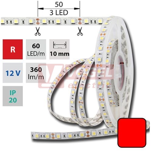 LED pásek SMD5050 červená barva, DC12V, IP20, 10mm,bílá PCB pásek, 60 LED/m (121.595.60.0)