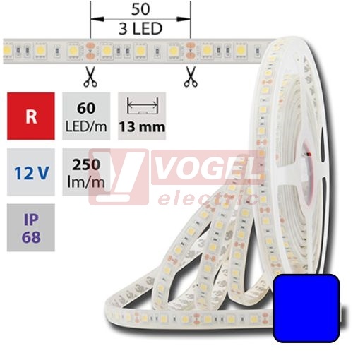 LED pásek SMD5050 modrá barva, DC12V, IP68, 10mm,bílá PCB pásek, 60 LED/m, 14,4W/m (121.611.60.0)