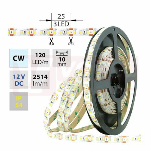 LED pásek SMD2835 studená bílá, 120LED/m, 28,8W/m, 2514lm/m, IP54, DC 12V, 10mm, 5m (121.714.60.0) NOVINKA