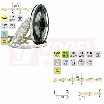 LED pásek SMD2835 EWW, 120LED/m, 14W/m, 1120lm/m, IP20, DC 12V, 10mm, 5m (121.827.60.0)