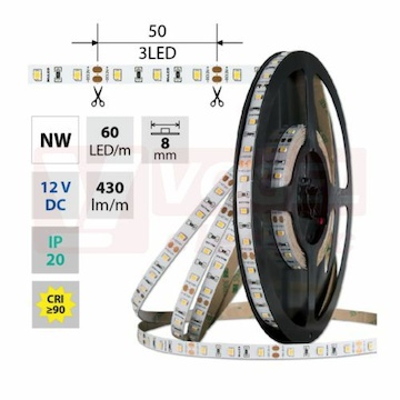 LED pásek SMD2835 NW, 60LED/m, 4,8W/m, DC 12V, 430lm/m, CRI90, IP20, 8mm, 5m (121.830.60.0)