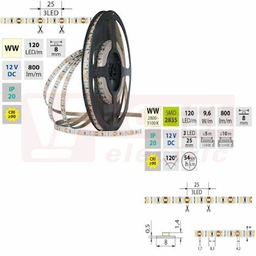 LED pásek SMD2835 WW, 120LED/m, 9,6W/m, DC 12V, 800lm/m, CRI90, IP20, 8mm, 50m (121.840.60.2)