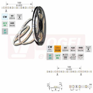 LED pásek SMD3528 studená bílá, 60LED/m, IP20, DC 24V, 8mm, 50m (126.206.60.2)