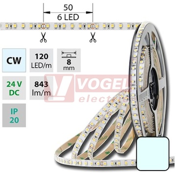 LED pásek SMD3528 studená bílá, 120LED/m, IP20, DC 24V, 8mm, 5m (126.230.60.0)