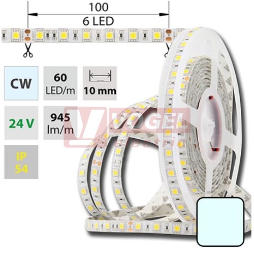 LED pásek SMD5050 studená bílá, DC24V, IP54, 10mm,bílá PCB pásek, 60 LED/m (126.606.60.0)