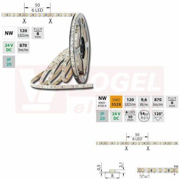 LED pásek SMD3528 neutrální bílá, 120LED/m, IP20, DC 24V, 8mm, 50m (126.776.60.2)