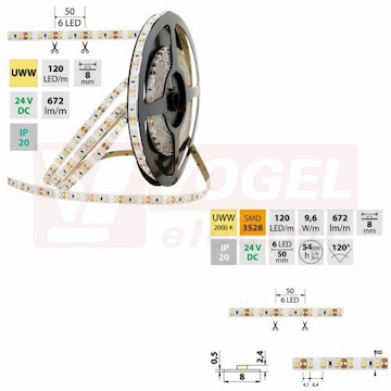 LED pásek SMD3528 UWW, 120LED/m, 9,6W/m, 672lm/m, IP20, DC 24V, 8mm, bílý PCB pásek, 5m (126.819.60.0)
