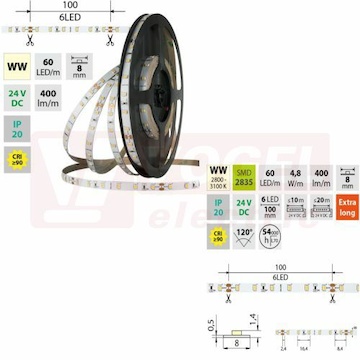 LED pásek SMD2835 WW, 60LED/m, 4,8W/m, DC 24V, 400lm/m, CRI90, IP20, 8mm, 50m (126.831.60.2)