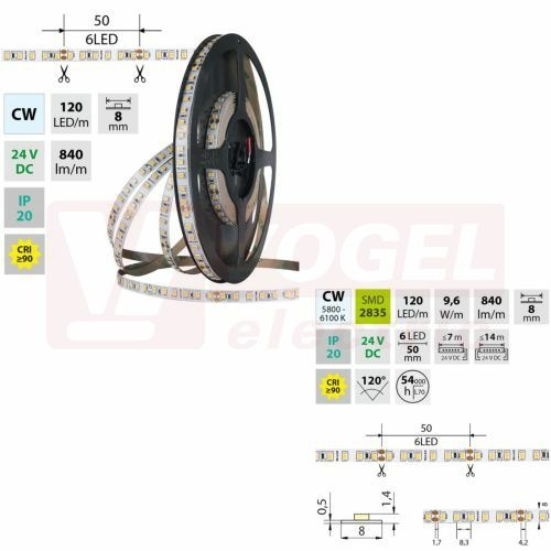 LED pásek SMD2835 CW, 120LED/m, 9,6W/m, DC 24V, 840lm/m, CRI90, IP20, 8mm, 5m (126.838.60.0)