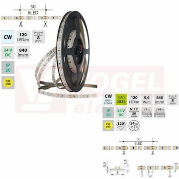 LED pásek SMD2835 CW, 120LED/m, 9,6W/m, DC 24V, 840lm/m, CRI90, IP20, 8mm, 50m (126.838.60.2)