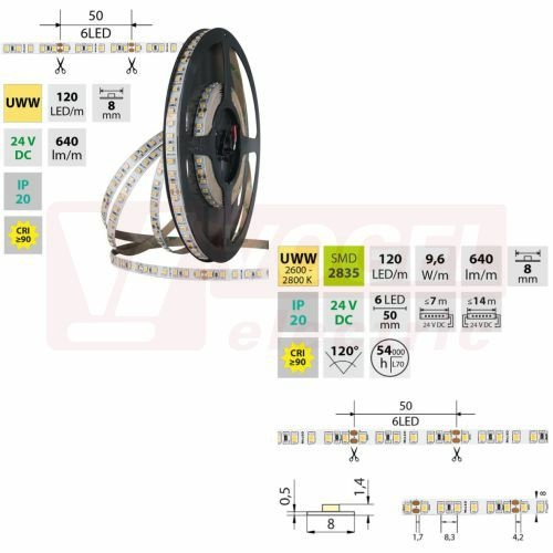 LED pásek SMD2835 UWW, 120LED/m, 9,6W/m, DC 24V, 640lm/m, CRI90, IP20, 8mm, 5m (126.842.60.0)