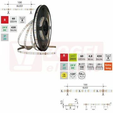 LED pásek SMD2835 R, 60LED/m, 4,8W/m, DC 24V, 120lm/m, IP20, 8mm, 5m (126.905.60.0)